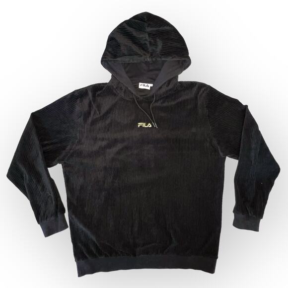 Fila Womens Y2K 00s Hoodie Velvet Ribbed Gold Embroidery Pull Over Black - Picture 1 of 14